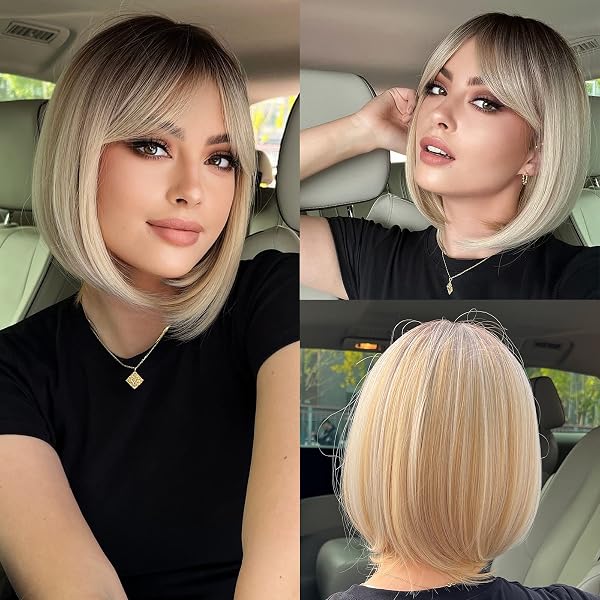 HAIRCUBE Dritto Breve Charming Bob con Bangs Parrucche per Donna Natura Resistente al calore Fibra sintetica Partito/Cosplay/Costume/Parrucca quotidiana (biondo scuro ombra) - 1