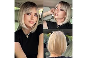 HAIRCUBE Short Wave tête avec frange femmes perruque de mode en fibre synthétique résistant à la chaleur naturelle partie/cosplay/vêtements/perruques quotidiennes (Blonde sépia)
