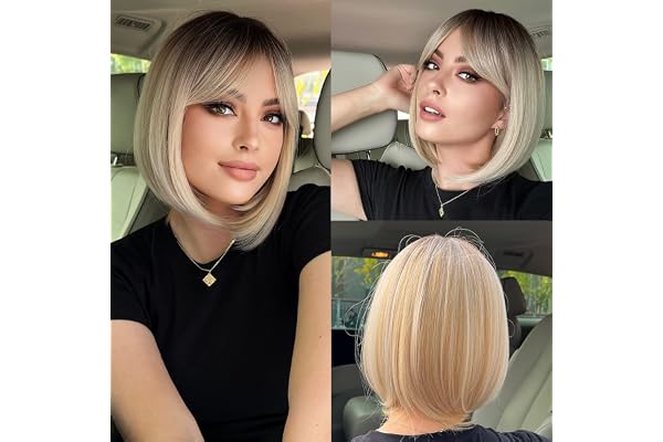 HAIRCUBE Short Wave tête avec frange femmes perruque de mode en fibre synthétique résistant à la chaleur naturelle partie/cosplay/vêtements/perruques quotidiennes (Blonde sépia)