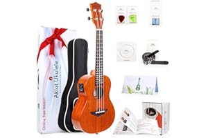 Aklot Électrique Electro-acoustique Concert 23" Ukulélé Électrique en Acajou avec Egaliseur à 3 bandes, Accordeur Intégré .avec début Kits Cours Gratuit