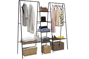 DUMEE Clothes Clothing Rail with shelves, Metal Coat Clothes Rack with 6-Shelves Shoe Rack and 2 Top Crossbars, for Hanging Clothes, for Bedroom Adding Closet Space, Black