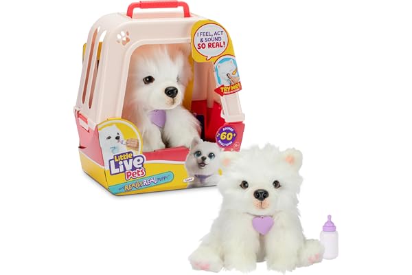 LLP Little Live Pets My Really Real Puppy Luna la samoyède | Peluche Interactive. 60 Sons et réactions. Fourrure Douce, Pattes lestées, Yeux Mobiles. 12 Versions Caisse Deluxe avec Piles 5 Ans et +