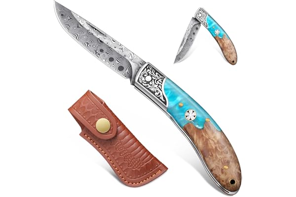 Freelander Couteau pliant, Couteau de poche de survie aiguisé avec étui en cuir, Couteau pliant multifonctionnel pour le camping, la randonnée et la survie (Bleu)