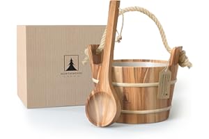 Northwood Sauna - Sauna Bucket and Ladle Set - Handmade from Canadian Red Cedar Wood - Plastic Liner and Rope Handle