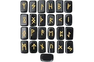 FASHIONZAADI Natural Black Agate Runes Stones Set with Futhark Runic Alphabet Rectangle Shape Stone Rune Words for Crystal Reiki Healing Meditation Fortune Telling Spiritual Gift Set Size 15-20mm