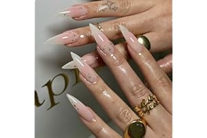 GlamRays Press on Nails Lange Stiletto Falsche Nägel Glanzvoll Kleben Nägel Scharfe Mandel Acrylnägel Rosa Ombre Künstliche Nägel Bling Stern Aufkleber Falsche Nägel