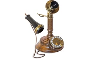 OPIS TECHNOLOGY Opis 1921 kabel - Model C - Retro telefon wykonany z drewna, czarnego i mosiężnego pokrytego plastikiem - z prawdziwą obrotową tarczą i metalowym dzwonkiem
