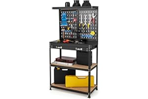 GOPLUS Banco de Trabajo Taller, Mesa de Herramientas Carga 100 kg, 81x41x155cm, con Tablero Perforado Metal, Estante Abierto, 14 Accesorios para Colgar (Azul+Negro)