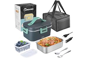 XREXS Scaldavivande Elettrico Portatile 75W, 1.8L Porta Pranzo Elettrico 12V/24V/220V, Scalda Pranzo Elettrico Portatile con Posate e Borsa Per il Trasporto per Auto Camion Ufficio (Verde scuro)