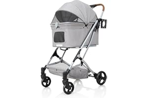 Beberoad R4 Pet Stroller Dog Pram for Small Dogs Cats, One-Hand Folding Travel Pet Pram, Portable Foldable Lightweight Dog Pram Buggy Pushchair with Mattress, Cup Holder and Storage Basket, Grey