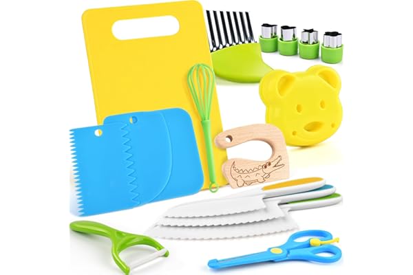 EURYUNG Kit Couteaux Sécurité de Cuisine pour Enfants - 17 Pièces Couteau Montessori Enfants pour Couper et Cuire des Fruits ou Légumes | Couteaux Enfant qui ne Coupe pas, à Partir de 2 Ans