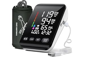 AIDISY Ciśnieniomierz na ramię, ciśnieniomierz na ramię z wyświetlaczem LED o wysokiej rozdzielczości, na ramię o obwodzie 22–42 cm, miejsce do przechowywania dla dwóch użytkowników 2 x 199, bateria AA/kabel