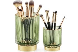 BTGGG Makeup Brush Holder 2 Pack Glass Cosmetic Makeup Brush Organiser for Vanity, Eyeliners, Eyebrow Pencil, Bathroom Toothbrush Holder, Office Storage Cup Desk Pen Holder, Crystal Green (S+L)