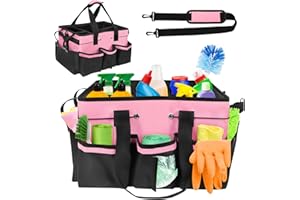 YALLMIE Panier de Nettoyage avec Poignée, 40x27,5x23,5cm Sac De Nettoyage Portable avec 5 Poches, Étanche Tissu Oxford Organiseur de Nettoyage Pliable Sac Produit Ménager Rangement Produits Menagers (Rose)
