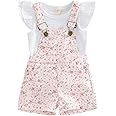 ZZLBUF Toddler Baby Girl Overalls Romper Outfit Kids Ruffle Sleeve Tops T-Shirt + Floral Suspender Pocket Shorts Clothes Set