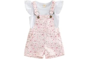 ZZLBUF Toddler Baby Girl Overalls Romper Outfit Kids Ruffle Sleeve Tops T-Shirt + Floral Suspender Pocket Shorts Clothes Set