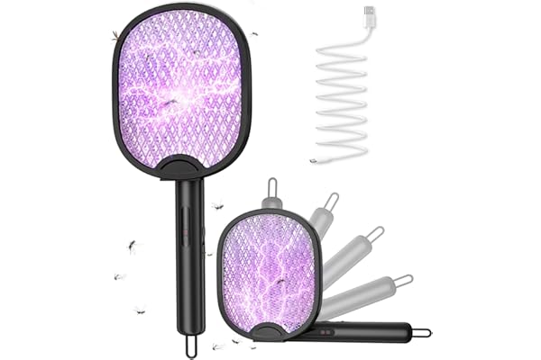 WOCVRYY Raquette-Moustique Electrique Insectes Pliable 4000V - 1800mAh 3 en 1 Suspendable Rechargeable USB-C pour Maison Jardin Camping Noir