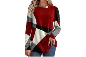 AMhomely Women Tops Blouse Sale, Ladies Vintage Casual Round Neck Buttons Geometric Contrast Color Long Sleeve T-Shirt Top Loose Sweatshirts UK Size for Christmas Jumper Valentine's Day