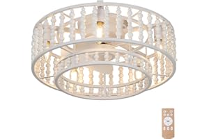 juajua Boho Wood Beaded Ceiling Fan with Light and Remote, 19" Caged Ceiling Fan Lights with 6 Wind Speeds, Reversible, Bohemian Flush Mount Ceiling Fans for Bedroom Kitchen Diningroom - White