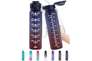 Lunidry Botella de Agua Deportiva, 1L Reutilizable Motivacional Botella Agua Sin Bpa Tritan Plástico con Marcador de Tiempo & Pajita para Niños, Deporte, Gym, Gimnasio, Bicicleta, Trekking