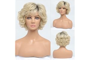 BESTUNG 613 Peluca de mujer ondulada corta rizada y ondulada rubia con flequillo para mujeres de mediana edad 100% importadas Pelucas de pelo rubio de moda sintética de primera calidad para mujeres