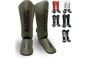 MADGON Espinilleras Kick Boxing Ajuste y Acolchado Ideal – Protección de Espinillas Baja Transpiración – Espinilleras Muay Thai – Protectores de Piernas para Artes Marciales – Incluye Funda