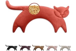 LESCHI Cuscino cervicale termico per microonde - In cotone bio con grano biologico - Cuscino riscaldante ideale per sciogliere tensioni a collo, spalle e schiena - Gatto, rosso