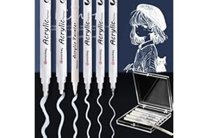 DOMOJOY White Gel Pen, 6PCS White Pen Set, 0.5mm/0.7/1.2/2.0/4.0/BR soft tip, Acrylic Gel Pens for Art, Highlight Permanent Ink, for Black Paper, Sketching, Scrapbook, Journaling, Marking, and Altering