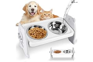 OUZHOU Raised Dog Bowl, Dog Bowls with Stand 3 Height Adjustable ABS Dog Feeding Station with 2 Stainless Steel Bowls, Neck Protection Raised Cat Bowls Anti Slip Feet for Dog and Cat Feeding