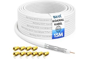 Koaxialkabel 15 m SAT-kabel antennkabel 135 dB klass A+ + 10 x F-kontakt
