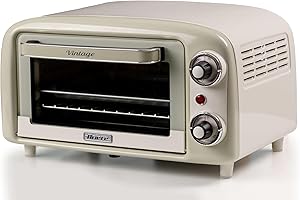 Ariete 3919 Four Électrique Vintage, capacité 10L, pour Cuire ou Réchauffer les Aliments, Température jusqu'à 230°, Minuterie 60 minutes, Grille en Acier Inoxydable, 800W, Double Verre, Beige