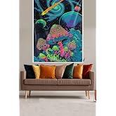 Pelangi Uzaydaki Renkli Mantarlar Desenli Leke Tutmaz Kadife Dokulu Kumaş Duvar &Ouml;rt&uuml;s&uuml; Duvar Halısı Tapestry WLL170, 70 x 100