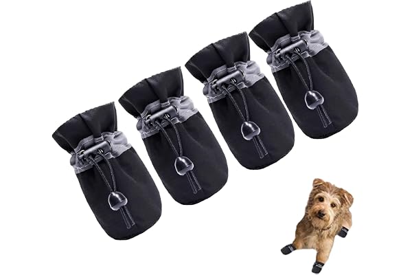 Ahamo Dog Shoes Waterproof Anti-Slip Paw Protector Boots for Small Dogs, Size 4 - Black All Weather Pet Footwear with Reflective Straps Pack of 4 Pcs