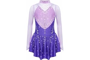 ranrann Enfant Fille Robe Patinage Artistique Manches Longues Strass Brillant Justaucorps Gymnastique Bodysuit Sport Costume Spectacle 5-16 Ans