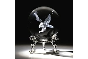 HDCRYSTALGIFTS Fermacarte a forma di aquila incisa, con supporto, 60 mm, 3D inciso al laser, sfere decorative in vetro (trasparente)