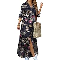 OMZIN Abito da donna con bottoni a maniche lunghe con stampa floreale casual maxi abito sciolto, Fiore nero., S