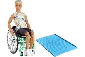 Barbie, Ken Fashionista Doll #167 with Wheelchair & Ramp Wearing Tie-Dye Shirt, Black Shorts, White Sneakers & Sunglasses, Toy for Kids 3 to 8 Years Old, GWX93