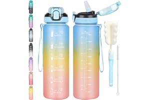 CodiCile 1L Water Bottle with Straw,Water Bottle Dishwasher Safe,Leak-proof Sports Drinks Bottle with Time Maker & Bottle Brush,Non-Toxic for Running,cycling, Gym, School & Office,Blue Yellow Pink