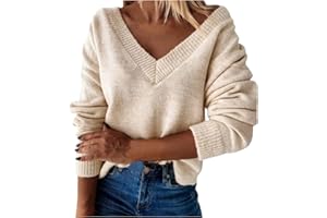 VEMOW Women's V Neck Pullover Sweaters Long Sleeve Fall Winter Loose Fit Top Blouse Ladies Cable Knitted Jumper
