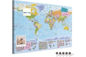 murando - Mapamundi con tablero para clavar chinchetas 90x60 cm - Cuadro en Lienzo estructurado - 1 parte - Panel de Fibra - Mapa del Mundo Continente - k-A-0204-v-a