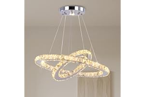 Finktonglan LED Lustre moderne à 2 anneaux 30 * 50cm Lumière pendante ajustable en acier inoxydable Plafonnier en cristal pour Chambre à coucher Salon Salle à manger (Blanc chaud)