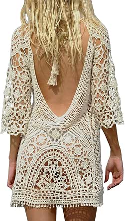 Abito Maxi Lungo Bianco Uncinetto Copricostume Spiaggia Estate Maglia Taglia L UK 12-14