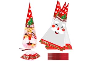 HCSSZ 100 Pack Christmas Sweet Cone Bags, Clear Cellophane Candy Treat Bags with 100 Red Twist Ties, 16 x 30cm/6.3 x 12 inches, Christmas Occasion
