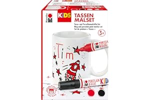 Marabu 0125000000102 KiDS Porcelain & Glas Painter, Tazas, Juego de pintura Tim, juego creativo para niños con una taza blanca y 2 rotuladores de porcelana en rojo y negro