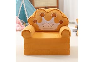 Aurour Comfy Toddler Chair, Kids Couch Fold Out to Lounger, Foldable Baby Sofa Plush for Girl and Boy Age 18 Months and Up Yellow Crown