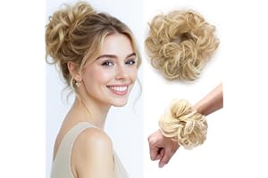 Benehair Messy Bun Hair Piece Curly Wavy Hair Scrunchies Messy Bun Scrunchie Synthetic Donut Updo Hair Pieces for Women Girls (Light Brown & Blonde, 25g)