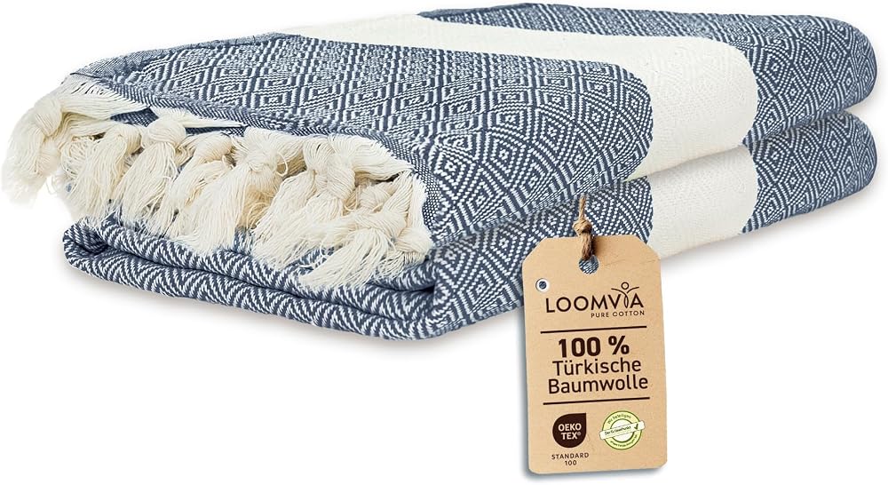Loomvia - 2'li paket -%100 Pamuk Peştamal 100x180 cm, Havuz ve Plaj Havlusu, Spor Havlusu, Hızlı Kurur ve Koku Yapmaz, Emici, Hafif ve Kompakt, gök mavisi