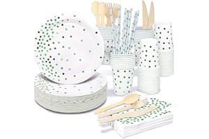 Komicea Partygeschirr Set Grün, 160 Stück Pappteller Kindergeburtstag Deko, Geschirr Teller mit Tischdecken Becher Strohhalme Servietten für Hochzeit, Babyshower, Geburtstagsdeko (20 Gäste)