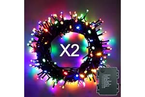 HOPELIT Łańcuch świetlny na baterie, 2 sztuki, 100 diod LED, 10 m, kolorowy, łańcuch świetlny na zewnątrz, bateria z timerem i 8 trybami, łańcuch świetlny LED, choinka, wodoszczelny, zasilany bateriami, do