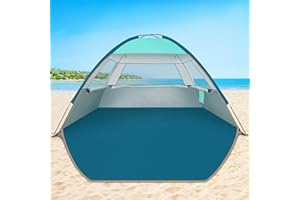 COMMOUDS Strandmuscheln für 3-4 Personen, Tragbarer Strandzelt mit UV-Schutz 50+, Familie Sonnenzelt Strand mit 3 Mesh Fenster, Schnelle Montage, Einfaches Tragen Schirm Strandmuschel für Outdoor